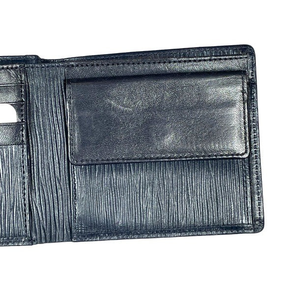 Valentino Garavani Navy Blue Woodgrain Leather Goldtone Corner Bi-Fold Wallet