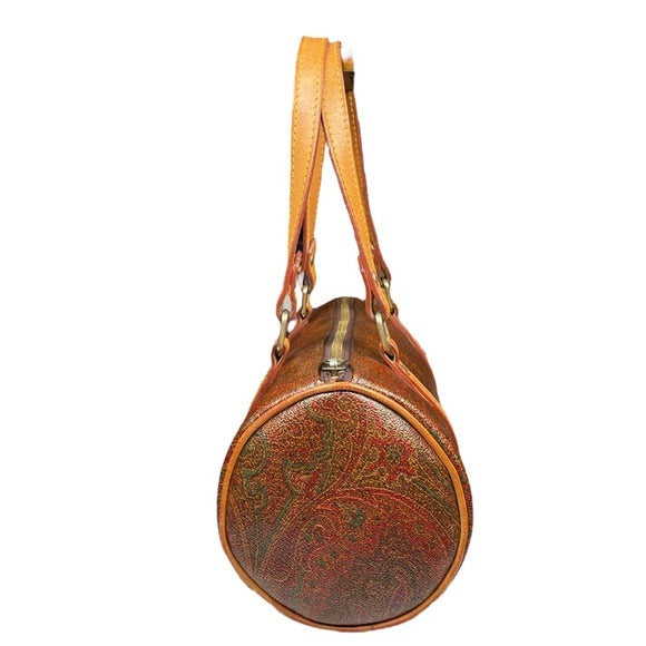 Etro Paisley Canvas Natural Leather Barrel Round Shoulder Bag Purse 10” x 4.5”