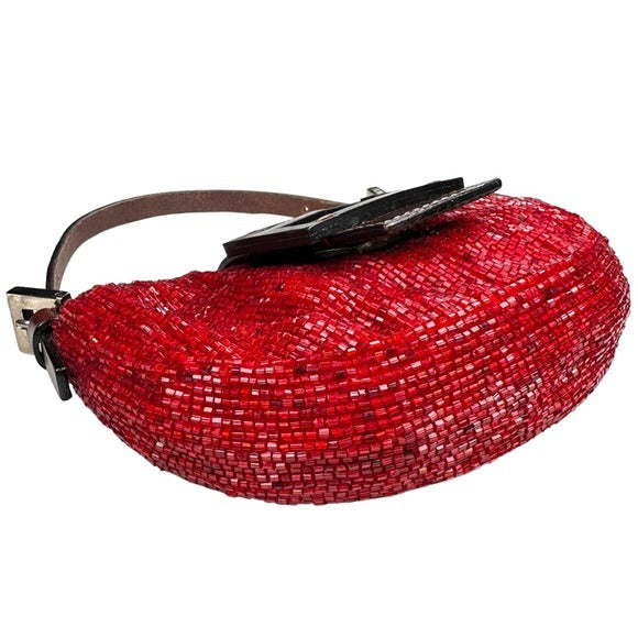 Fendi Red Beaded Mini Croissant Brown Leather Snap Front Handbag Pur…