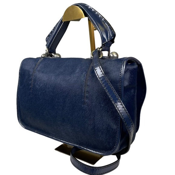 Fendi Selleria Calf Hair Navy Blue Messenger Gunmetal Flap Two Way Crossbody Bag