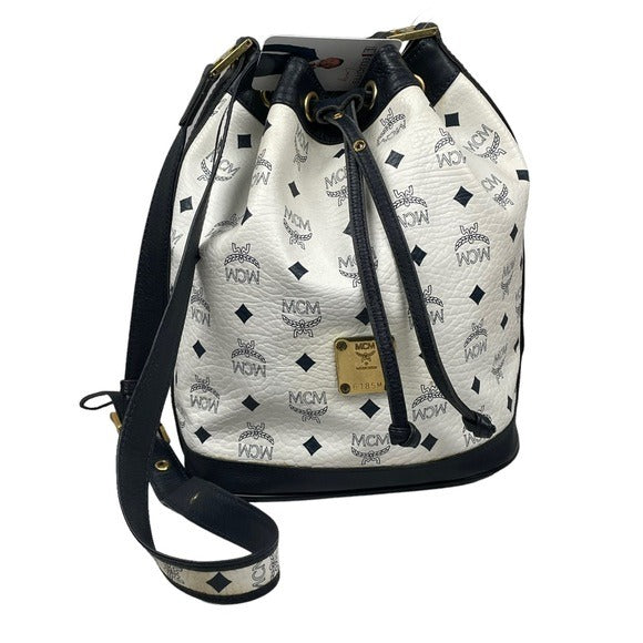 MCM Blue & White Viestos Coated Canvas Leather Drawstring Bucket Crossbody Bag Purse