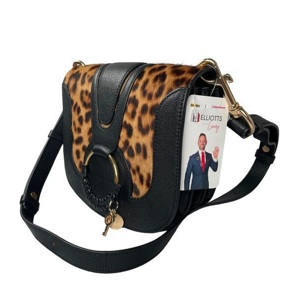See By Chloe Calf Hair Cheetah Black Leather Satchel Flap Crossbody Strap Purse