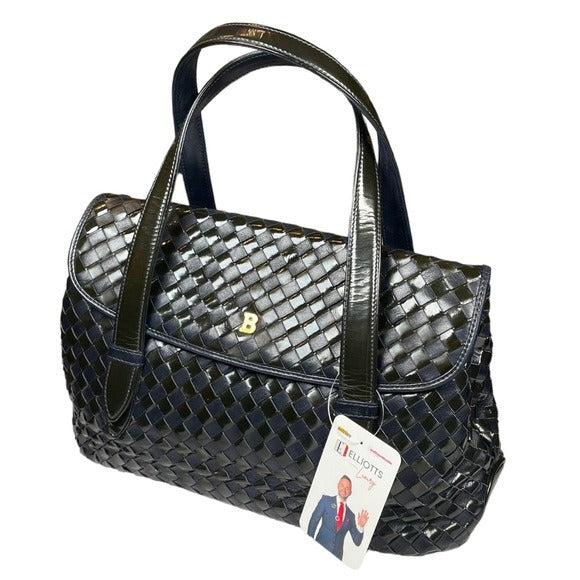 Bally Navy Blue Leather Flap Black Patent Leather Woven Satchel Purse Handbag