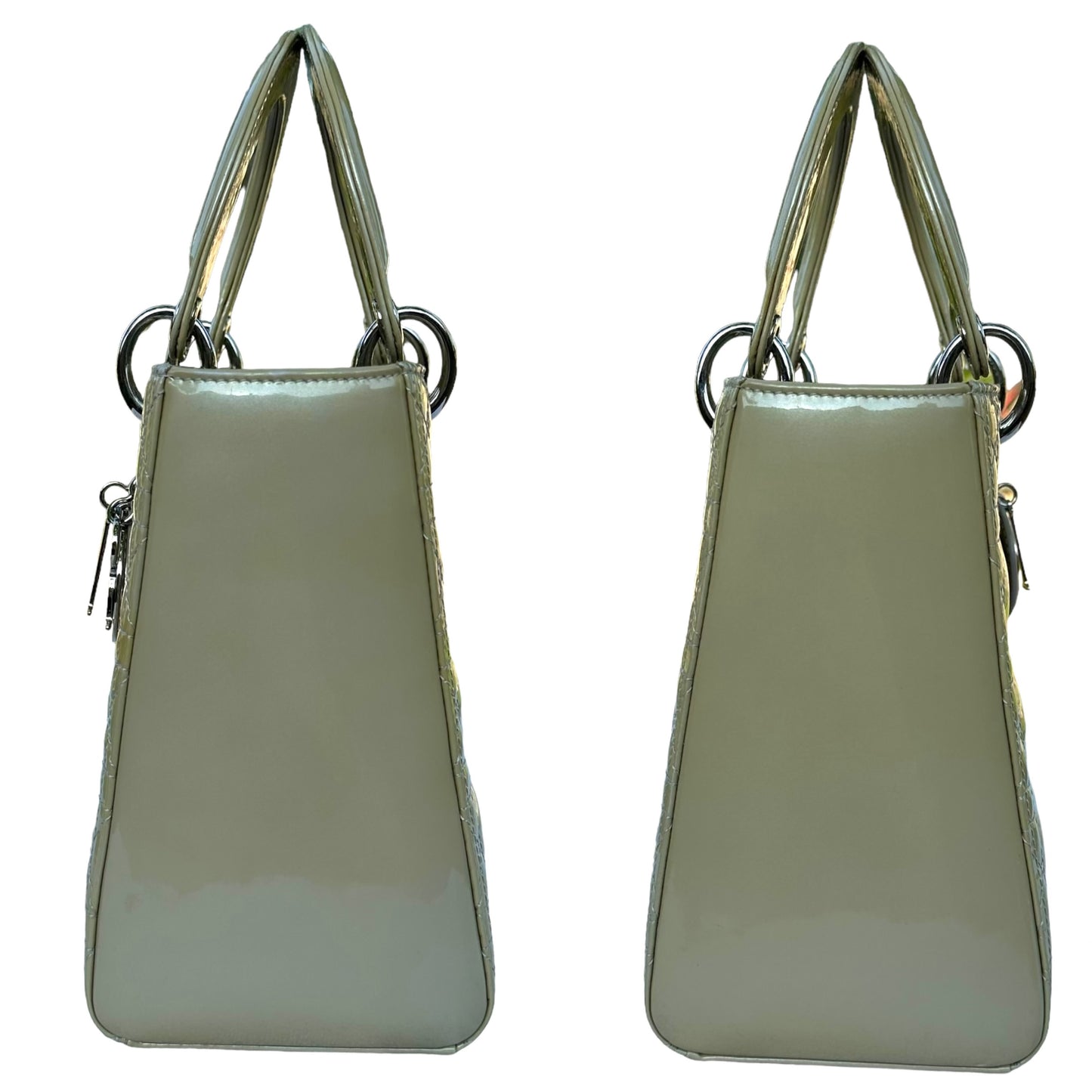 Christian Dior Lady Green Pearl Silver Cannage Patent Leather Zip Two-Way Purse