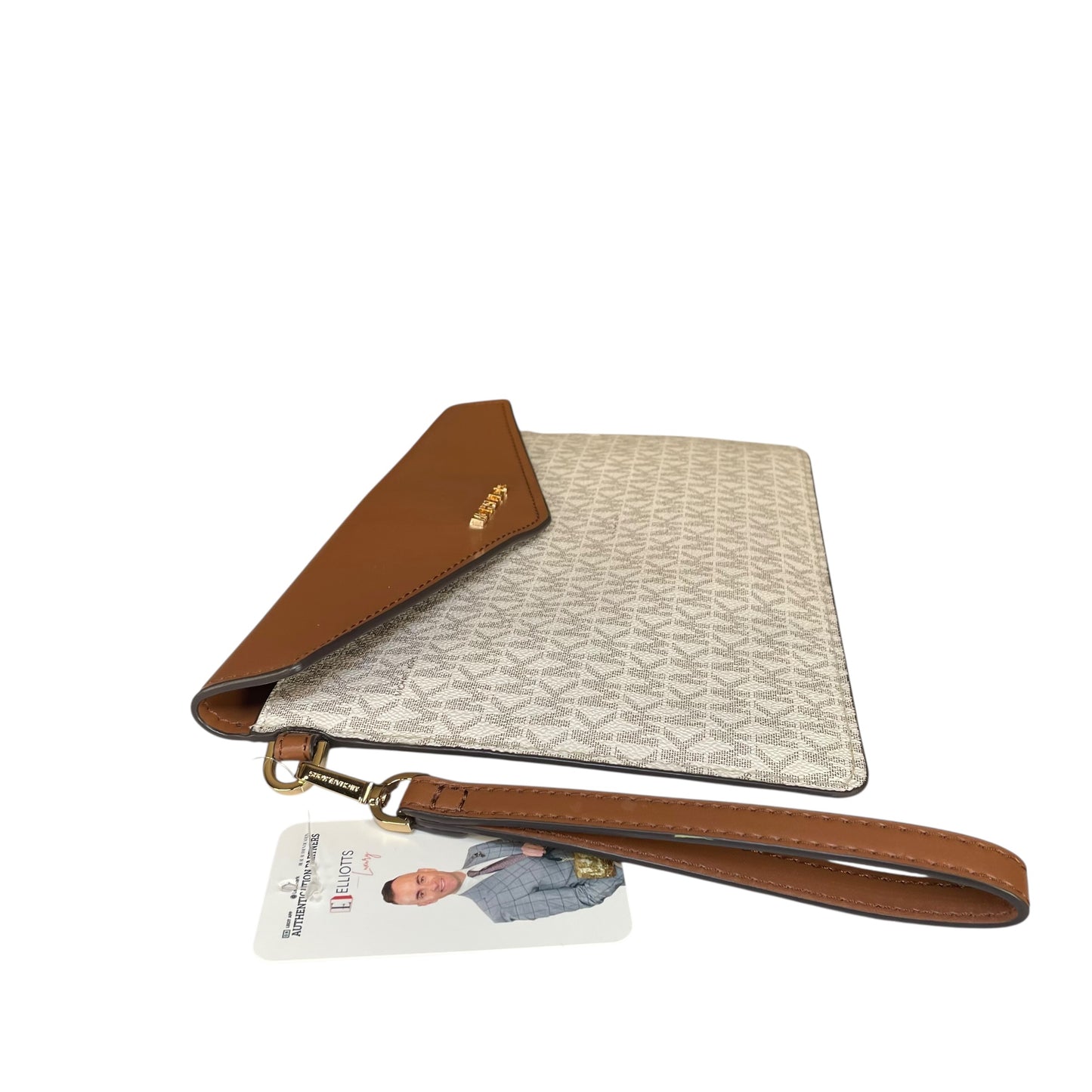 Michael Kors Maisie Leather Brown White Canvas GHW XL Envelope Clutch Wristlet