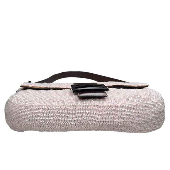 Fendi Baguette Pink Beaded Flap Silver Brown Leather Shoulder Purse