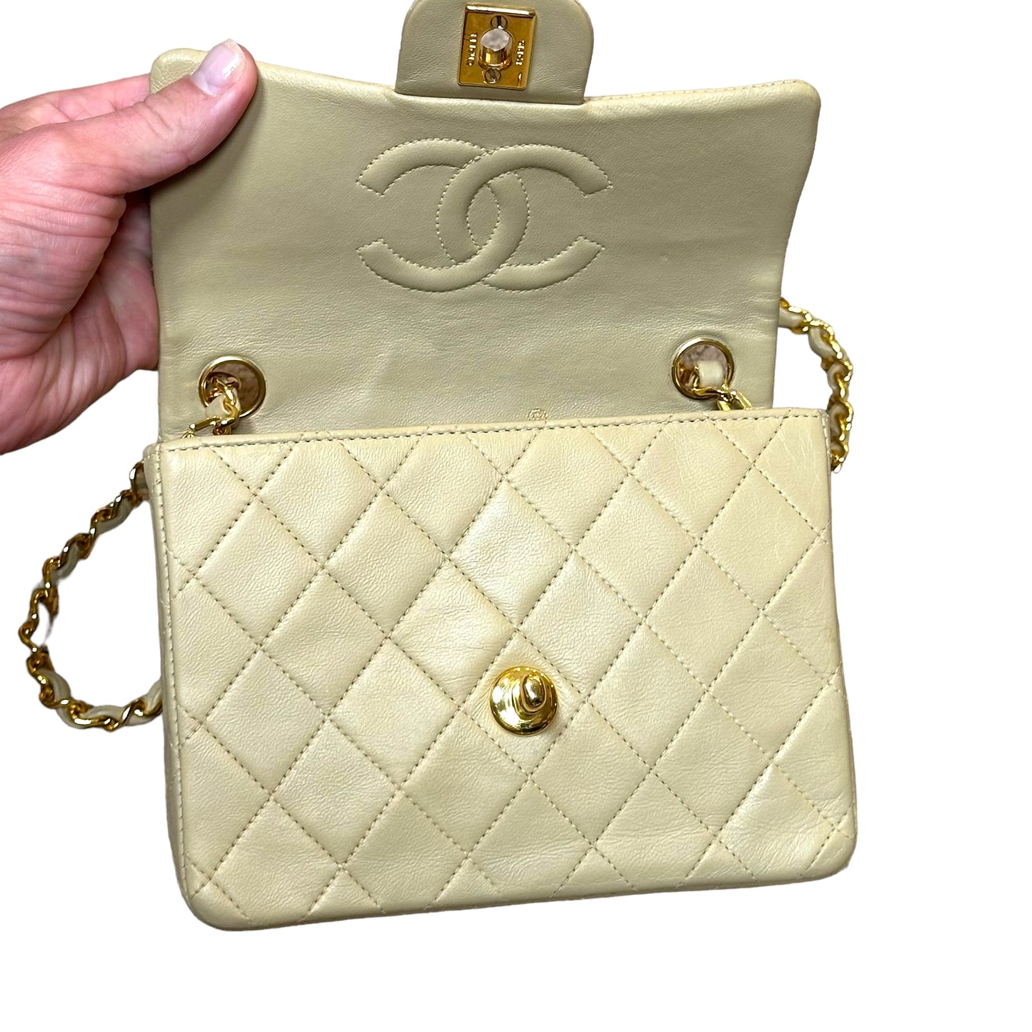 Chanel CC 24K Mini Square Flip Beige Lambskin Gold Plated Hardware