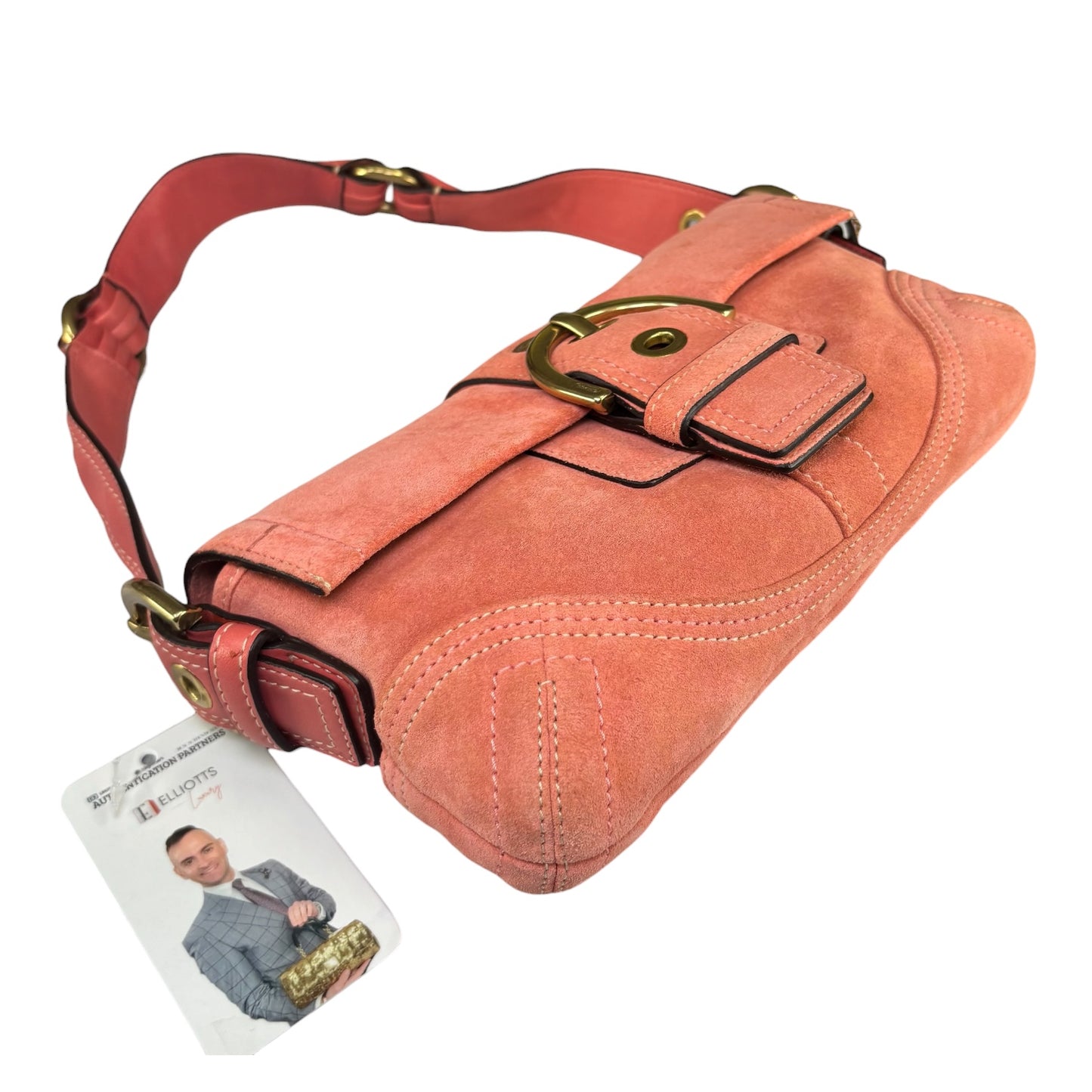 Coach Y2K SoHo Coral Suede Brass Buckle Baguette Shoulder Purse