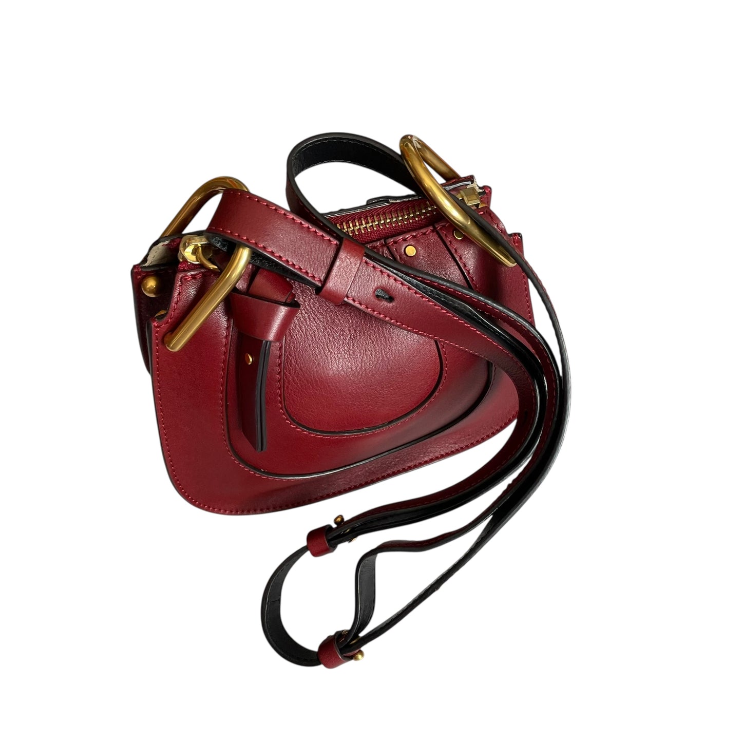 Chloe Hayley Calf Skin Nano Equestrian Burgundy Bucket 2 Way Crossbody Purse Bag