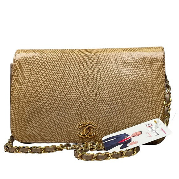 Chanel CC Exotic Lizard Single Flap 24K Plated Lambskin Snap Closure Purse Bag