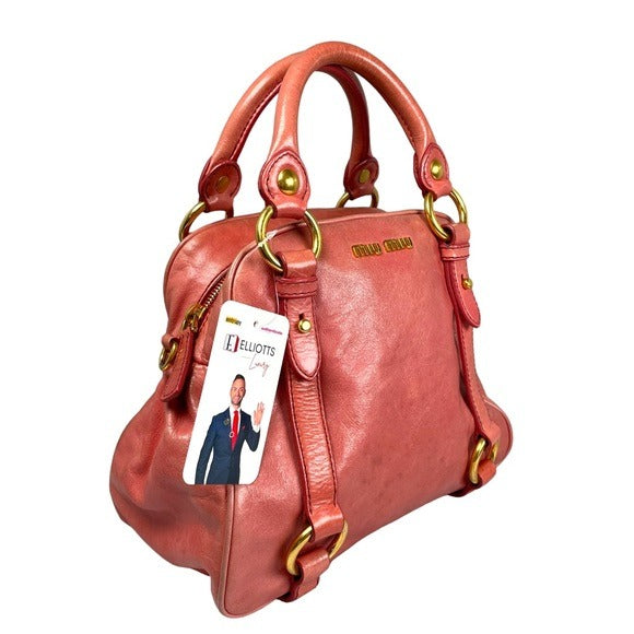Miu Miu Pink Watermelon Gold Distressed Leather Crossbody Purse Zippy Bag Purse
