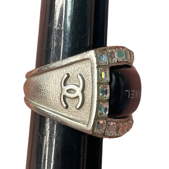 Chanel CC Multi Channel Set Rhinestone CZ Silver Tone Estate Ring Size 7