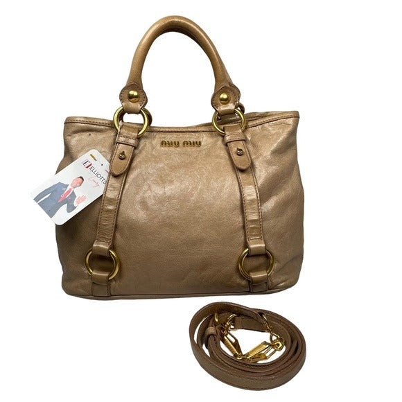 Miu Miu Golden Wheat Leather Crossbody Satchel Purse Snap Zip Blush Satin Bag