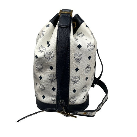 MCM Blue & White Viestos Coated Canvas Leather Drawstring Bucket Crossbody Bag Purse