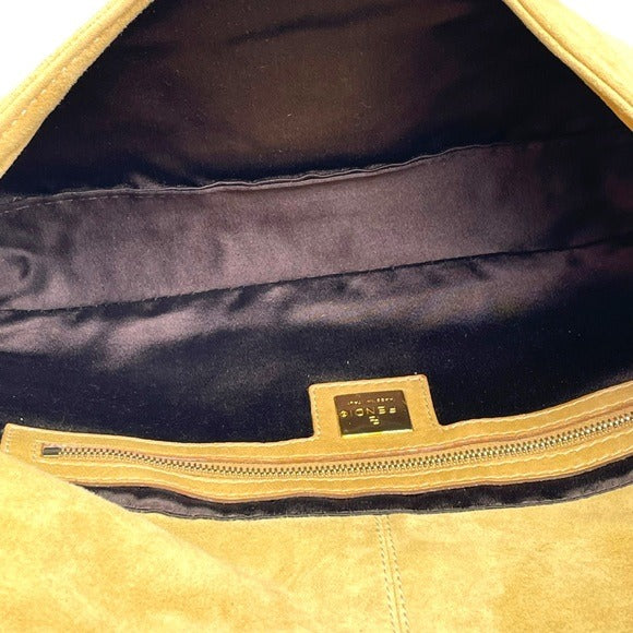 Fendi FF Glitter Tan Leather Gold Flap Bag Logo Suede Baguette Shoulder Purse