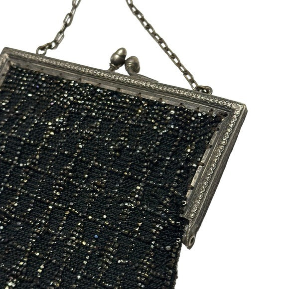 Whiting Davis Sterling Plated Black Kiss-Lock Evening Beaded Wovens Mesh Clutch