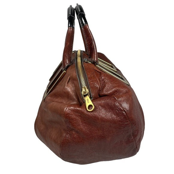Chloe XL Ethel Two Tone Patent Leather Brown Black Zippy Oval Handbag Tote Purse