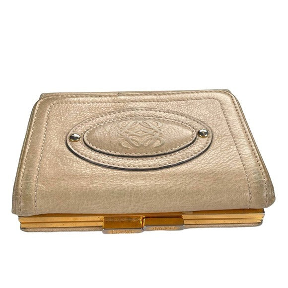 Loewe Leather Creme Compact Tri-Fold Kiss-Lock Wallet card Organizer