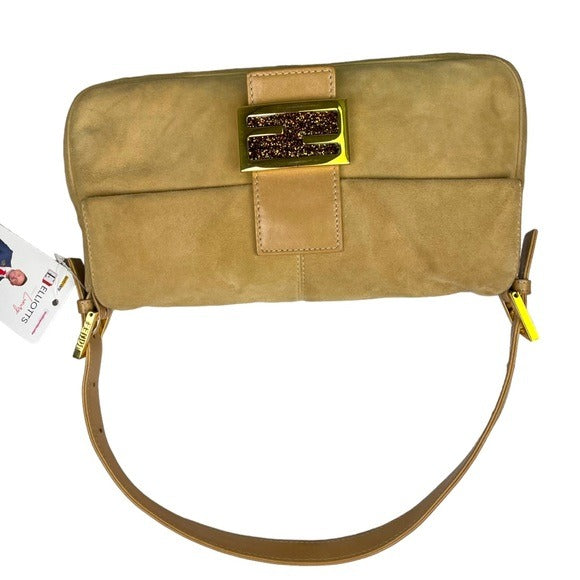 Fendi FF Glitter Tan Leather Gold Flap Bag Logo Suede Baguette Shoulder Purse