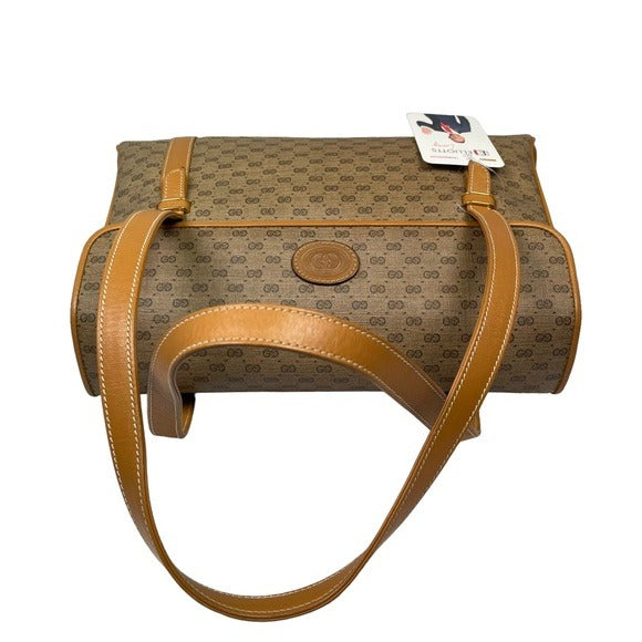 Gucci GG Micro Satchel Canvas Leather Tan Three File Shoulder Tote Purse Bag