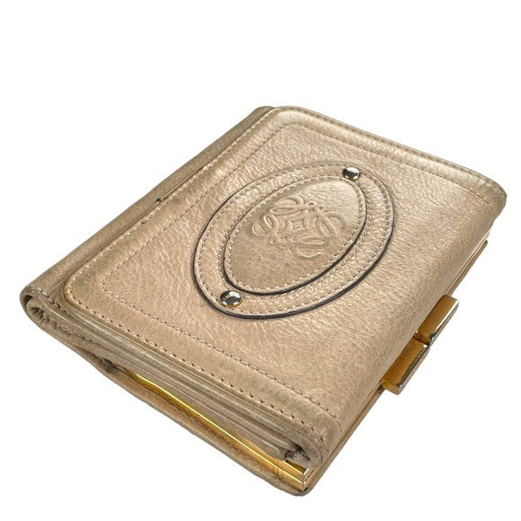 Loewe Leather Creme Compact Tri-Fold Kiss-Lock Wallet card Organizer