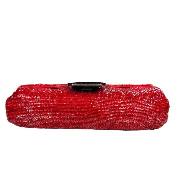 Fendi Red Metallic Baguette Beaded Brown Leather Strap Shoulder Flap Bag