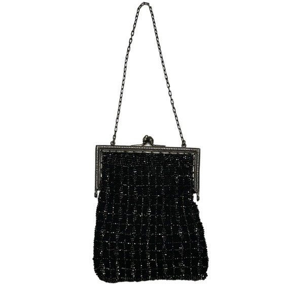 Whiting Davis Sterling Plated Black Kiss-Lock Evening Beaded Wovens Mesh Clutch
