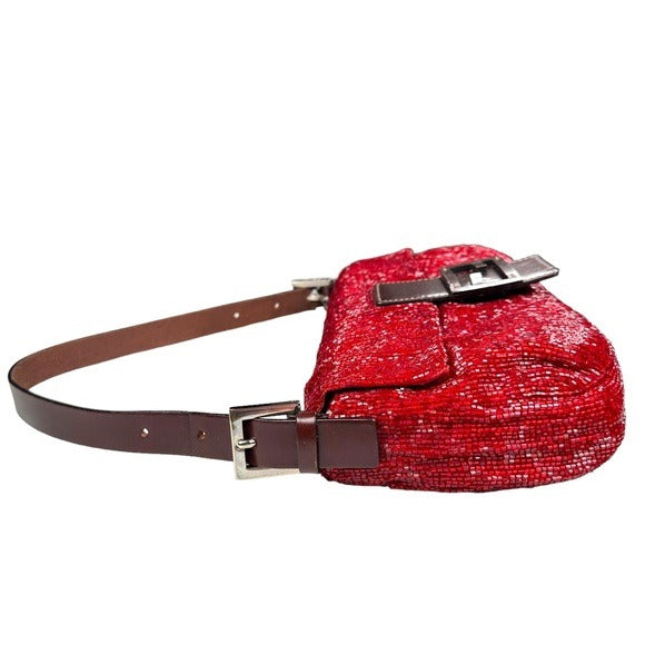 Fendi Red Metallic Baguette Beaded Brown Leather Strap Shoulder Flap Bag