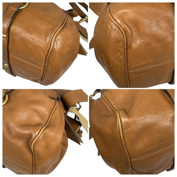 Miu Miu XL Crossbody Satchel Brown Brushed Gold Leather Bow Side Purse Hobo Bag