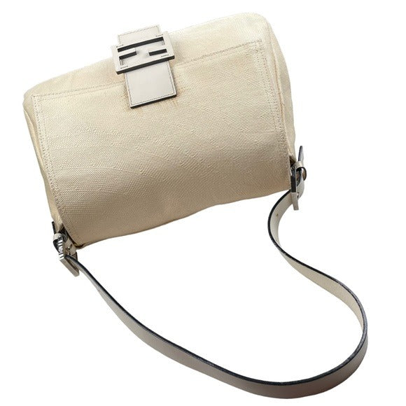 Fendi Mama Baguette Micro Woven Canvas White Strap Leather Logo