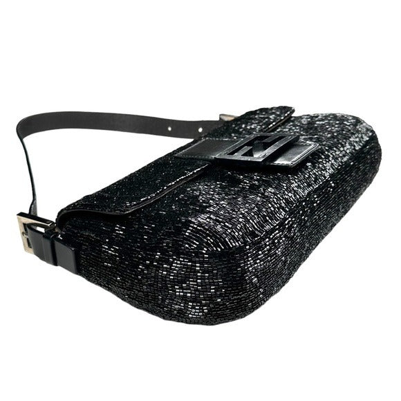 Fendi Black Silver Beaded Baguette Leather Strap Shoulder Purse Flap Bag