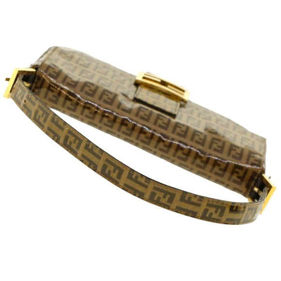 Fendi Zucchino Coated Canvas Baguette Shoulder Leather Strap Bag Beige Purse