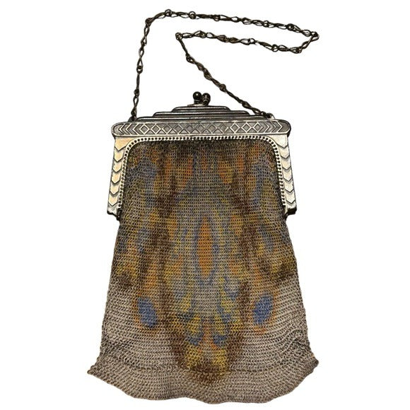 Whiting & Davis Metal Mesh Abstract Kiss-Lock Wristlet Mini Purse Clutch