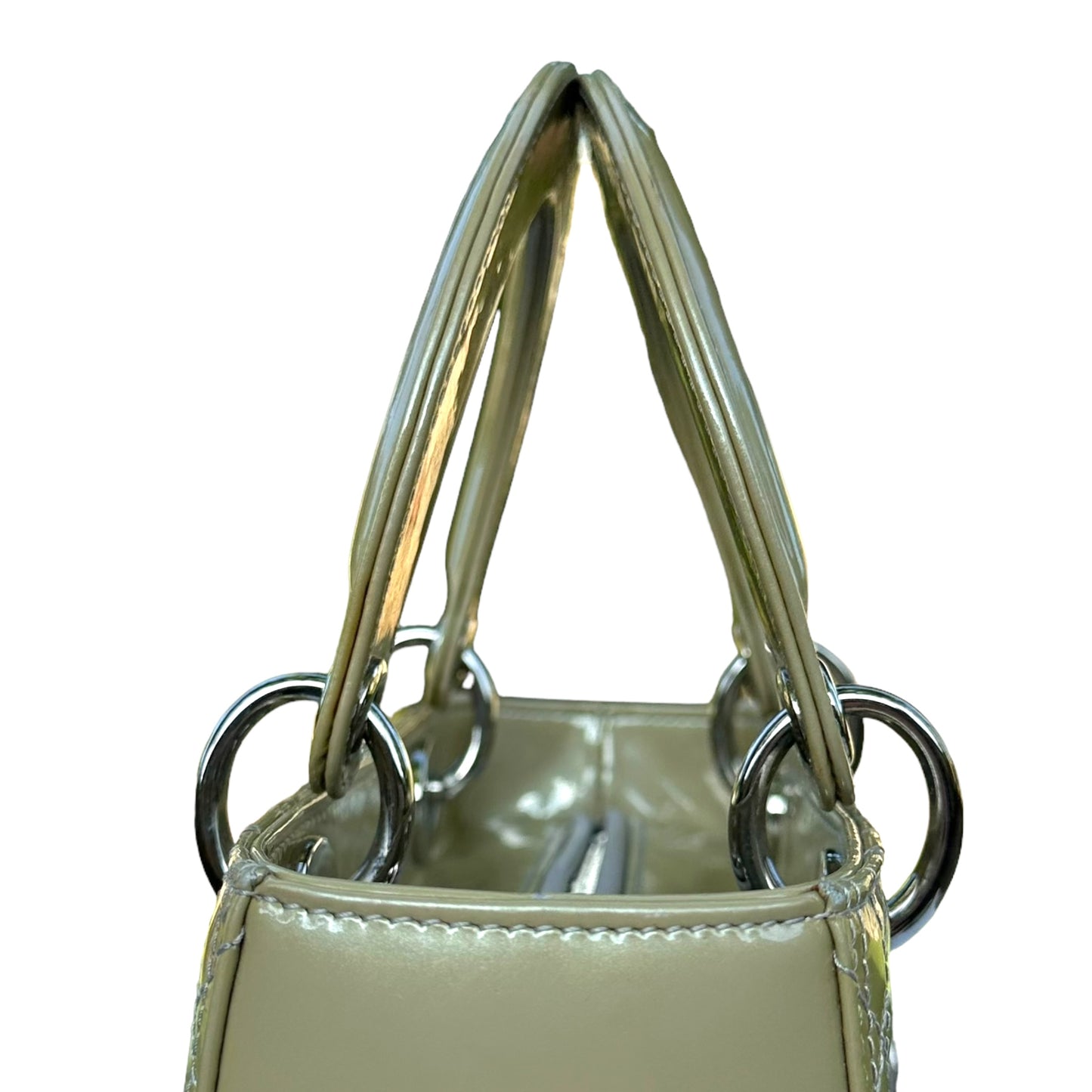 Christian Dior Lady Green Pearl Silver Cannage Patent Leather Zip Two-Way Purse
