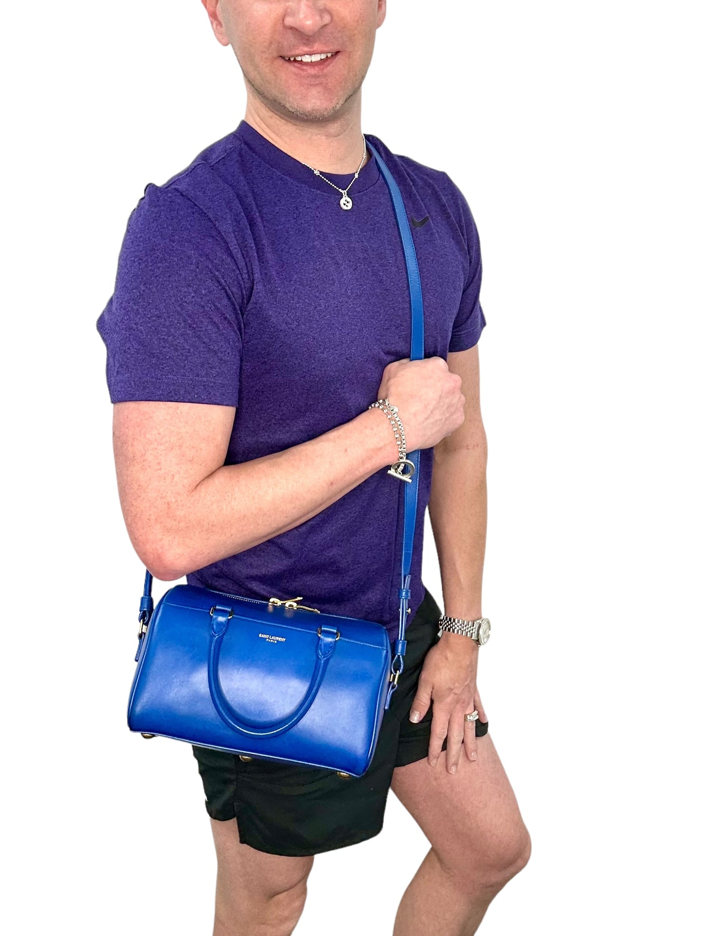 YSL Yves Saint Laurent Cobalt Blue Mini Calfskin Boston Two-Way Strap Speedy Bag