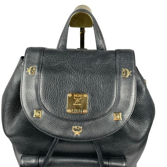 MCM Black Calf Leather Pebbled Gold Plated Multi Stud Flap Drawstring Backpack