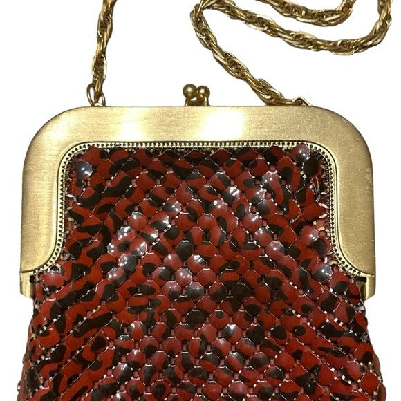 Whiting & Davis Brushed Gold Metal Mesh Shoulder Kiss-Lock Wristlet Clutch Purse