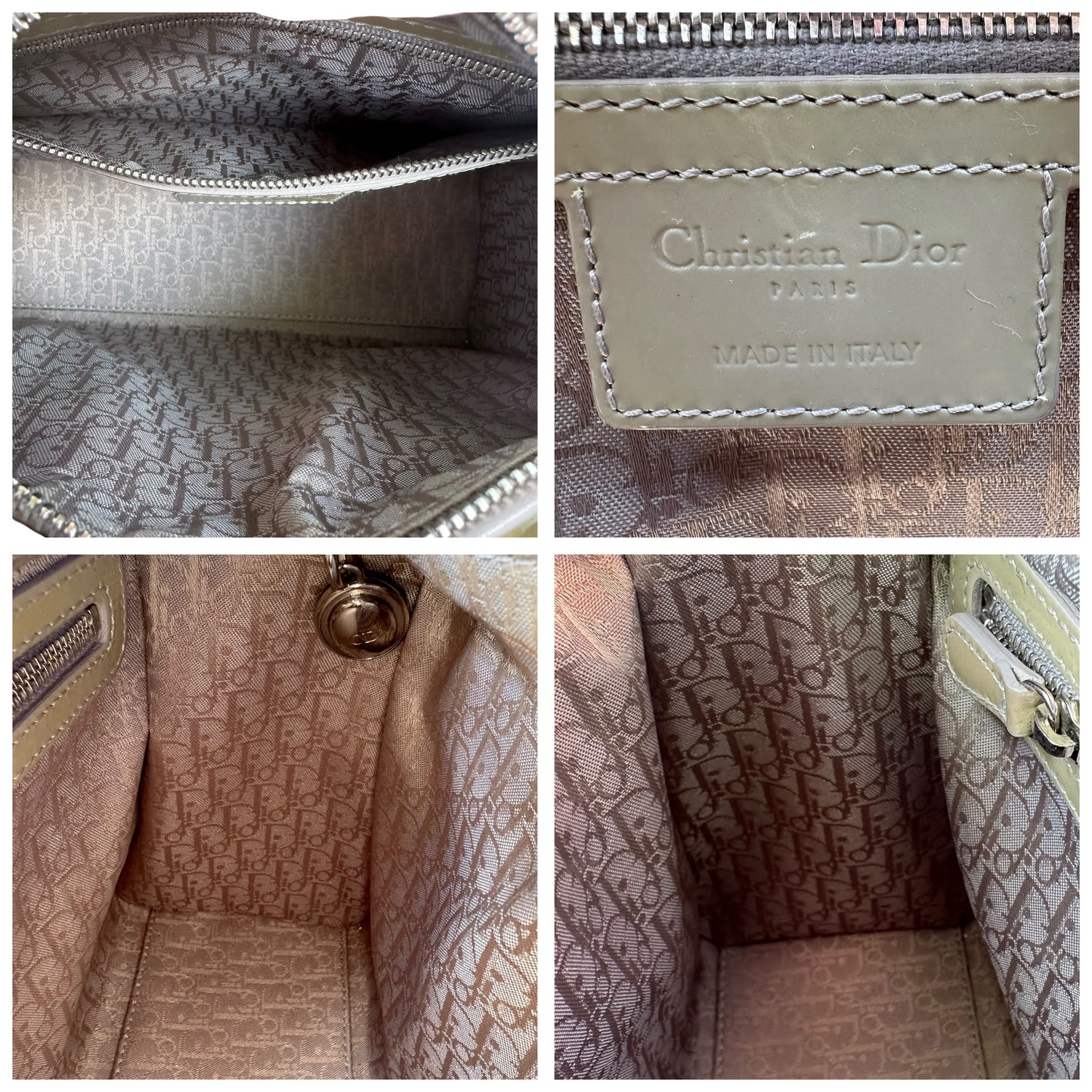 Christian Dior Lady Green Pearl Silver Cannage Patent Leather Zip Two-Way Purse