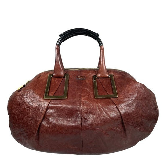 Chloe XL Ethel Two Tone Patent Leather Brown Black Zippy Oval Handbag Tote Purse