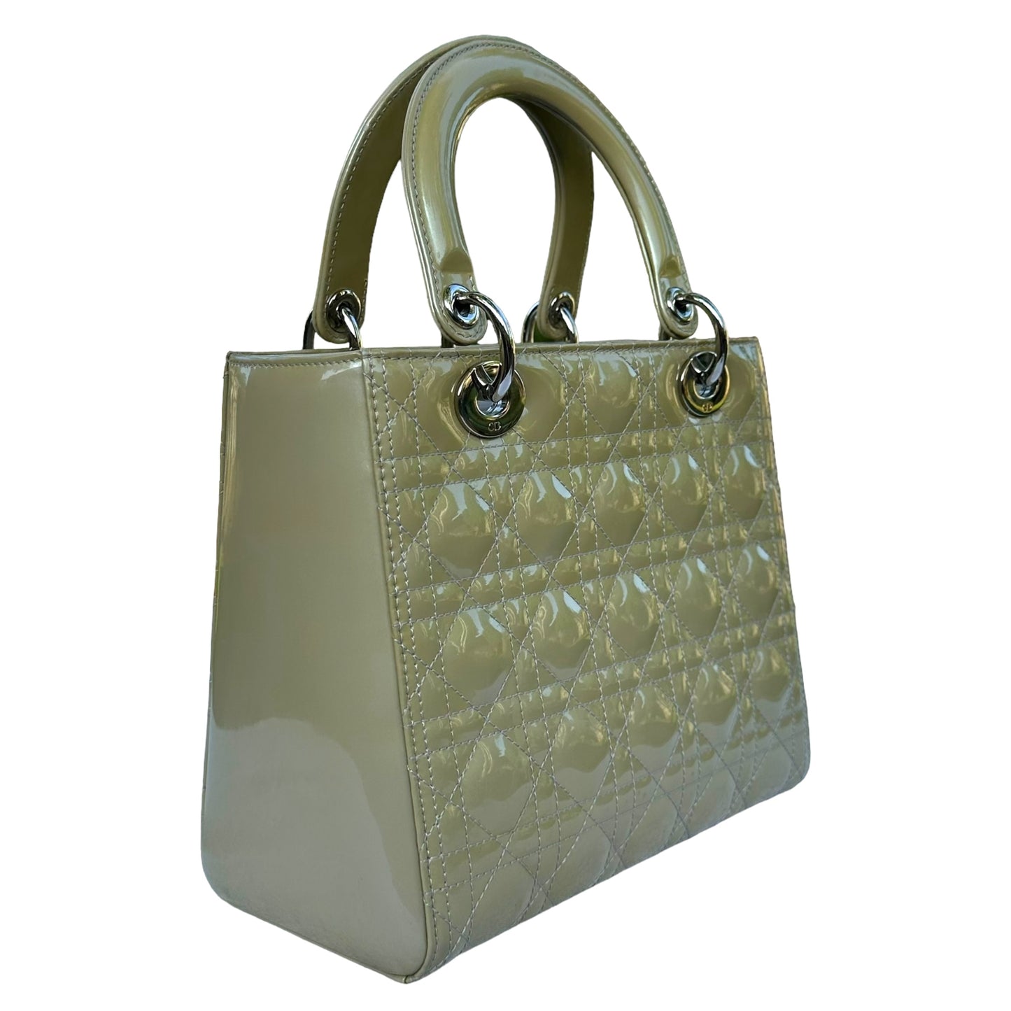 Christian Dior Lady Green Pearl Silver Cannage Patent Leather Zip Two-Way Purse