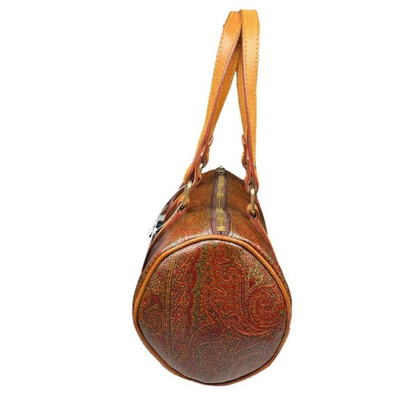 Etro Paisley Canvas Natural Leather Barrel Round Shoulder Bag Purse 10” x 4.5”