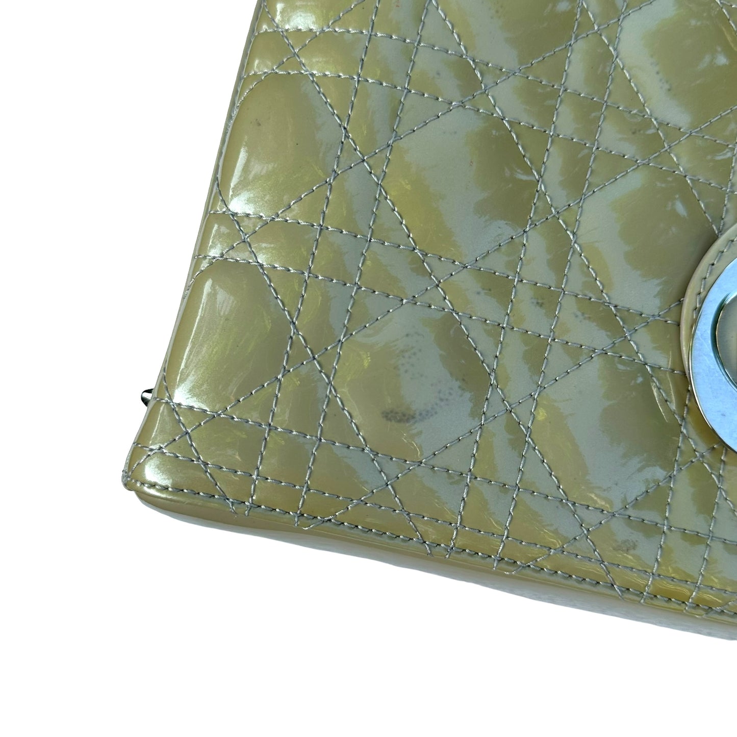 Christian Dior Lady Green Pearl Silver Cannage Patent Leather Zip Two-Way Purse