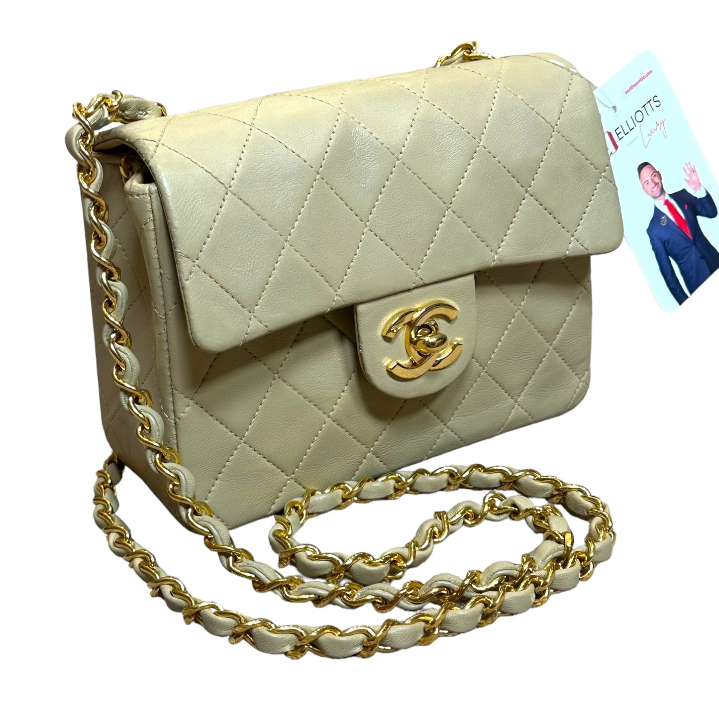 Chanel CC 24K Mini Square Flip Beige Lambskin Gold Plated Hardware