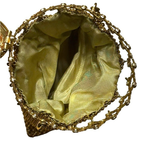Whiting Davis Gold Expandable Metal Round Push Lock Closure Mini Clutch Purse