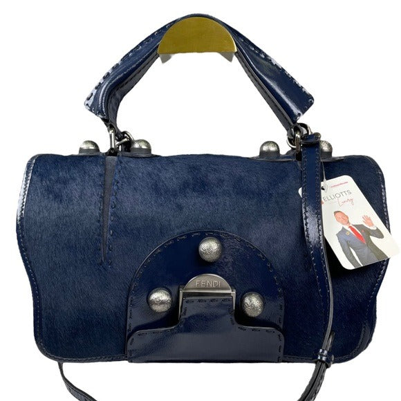 Fendi Selleria Calf Hair Navy Blue Messenger Gunmetal Flap Two Way Crossbody Bag