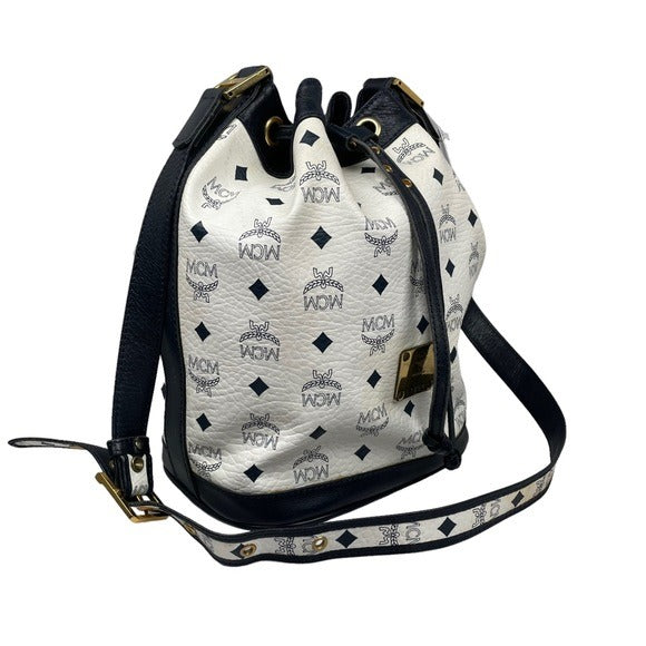 MCM Blue & White Viestos Coated Canvas Leather Drawstring Bucket Crossbody Bag Purse