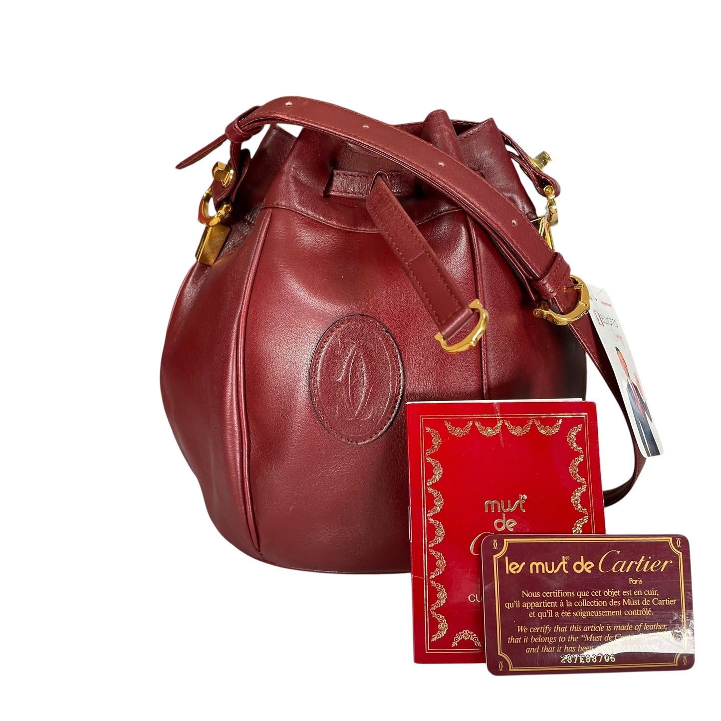 Cartier Burgundy Leather Medium Bucket Drawstring Crossbody Adjustable Purse