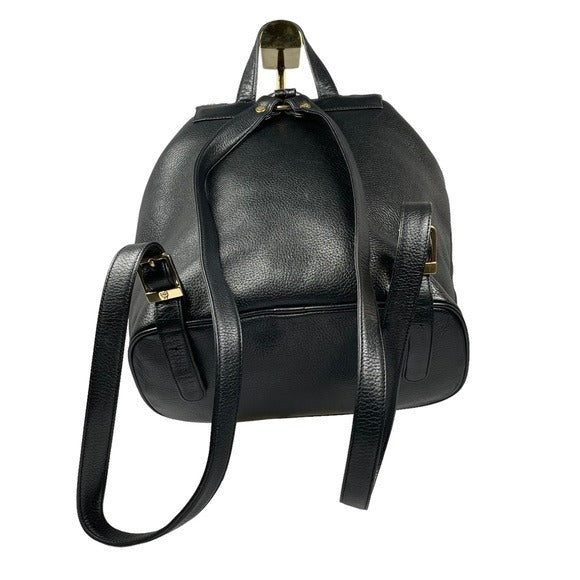 MCM Black Calf Leather Pebbled Gold Plated Multi Stud Flap Drawstring Backpack