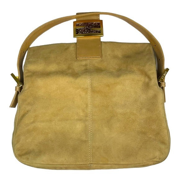 Fendi FF Glitter Tan Leather Gold Flap Bag Logo Suede Baguette Shoulder Purse