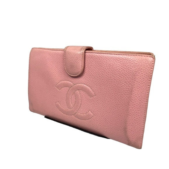 Chanel CC Caviar Pink Leather Classic Long Snap Wallet Kiss-Lock Coin Card Cash